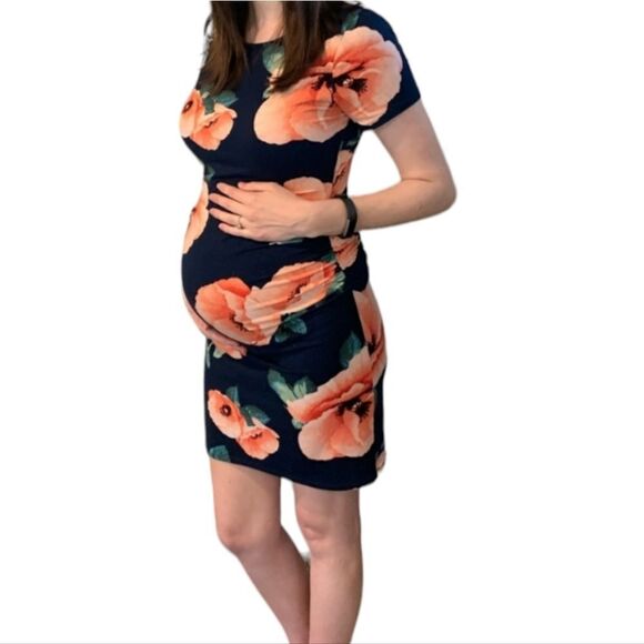 PINKBLUSH Maternity Poppy Floral Fitted Bodycon Midi Dress Jersey Knit Stretchy - Picture 2 of 10